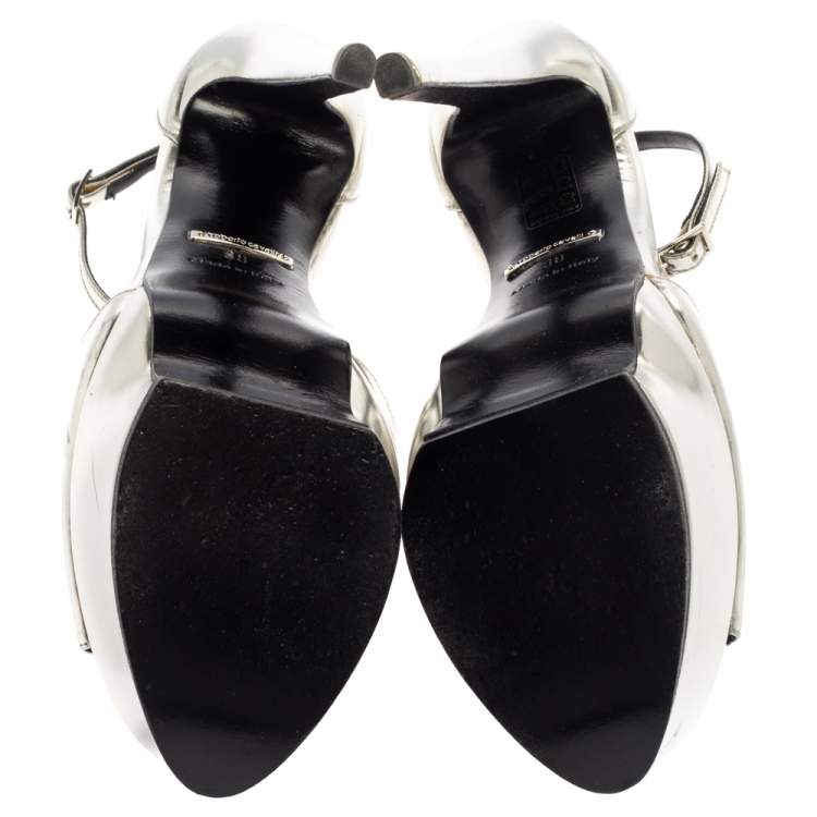 Pre Owned Roberto Cavalli Silver Leather Platform Ankle Strap Sandals Size 38