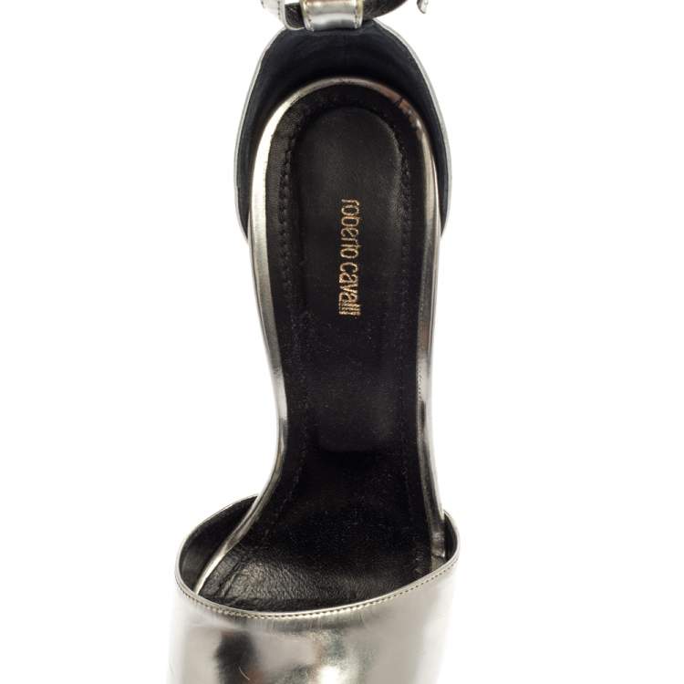 Pre Owned Roberto Cavalli Silver Leather Platform Ankle Strap Sandals Size 38
