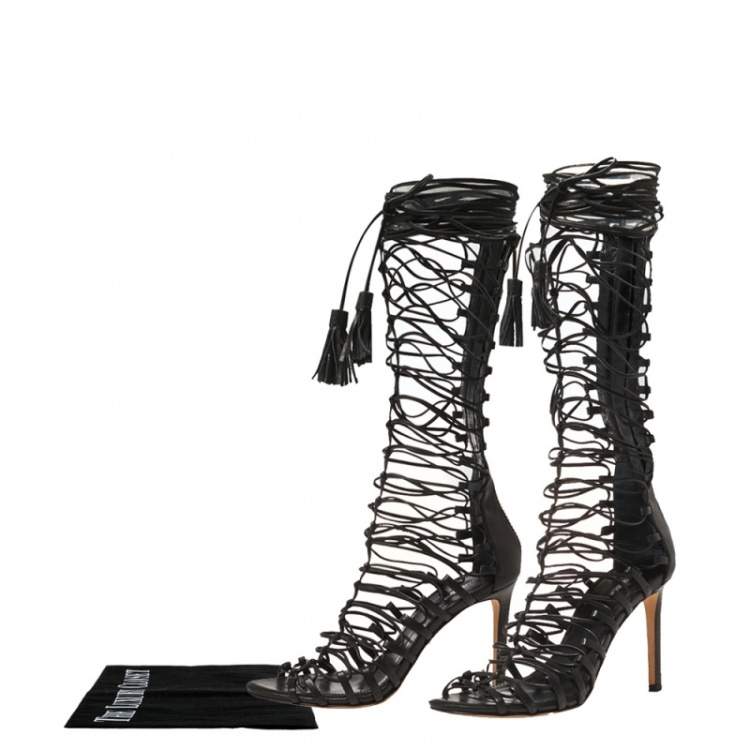 Pre Owned Roberto Cavalli Black Leather Gladiator Wrap Sandals Size 37 
