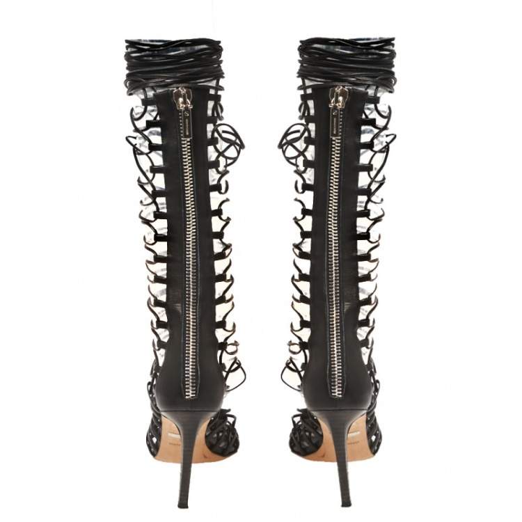 Pre Owned Roberto Cavalli Black Leather Gladiator Wrap Sandals Size 37 