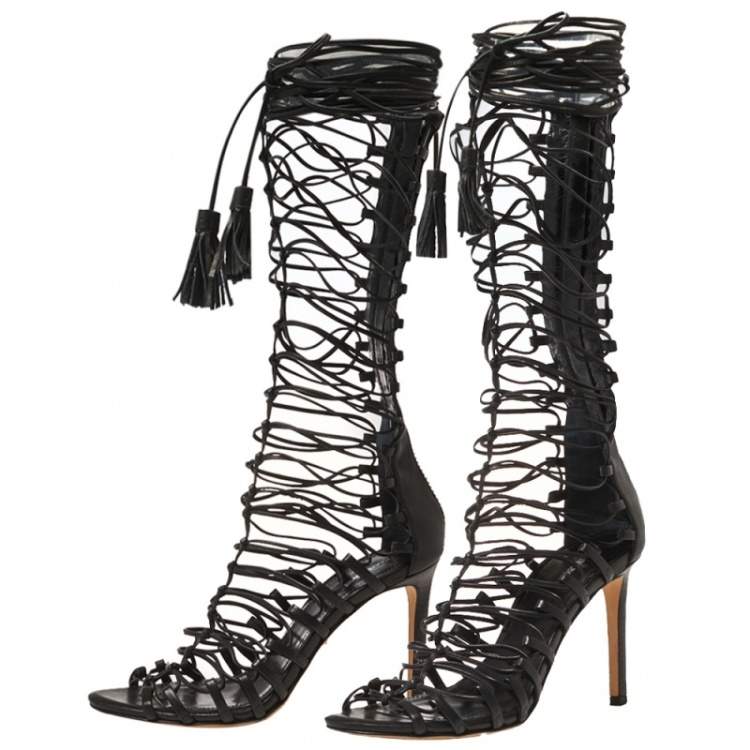 Pre Owned Roberto Cavalli Black Leather Gladiator Wrap Sandals Size 37 