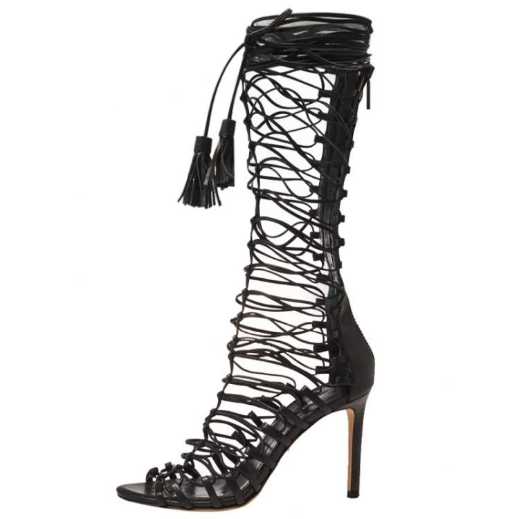 Pre Owned Roberto Cavalli Black Leather Gladiator Wrap Sandals Size 37 