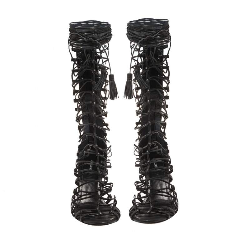 Pre Owned Roberto Cavalli Black Leather Gladiator Wrap Sandals Size 37 