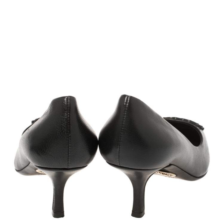 Pre Owned Roberto Cavalli Black Leather Logo Round Toe Pumps Size 37.5
