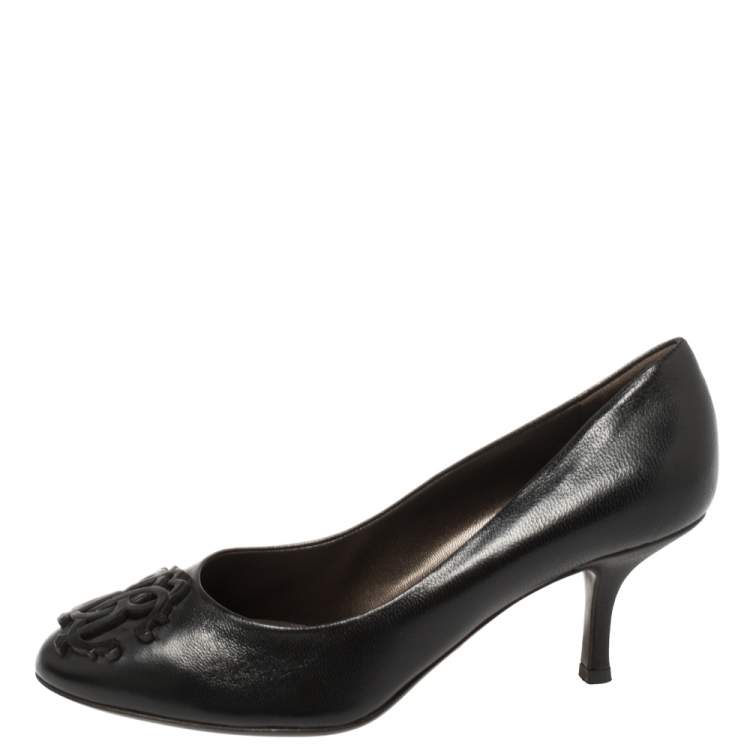 Pre Owned Roberto Cavalli Black Leather Logo Round Toe Pumps Size 37.5