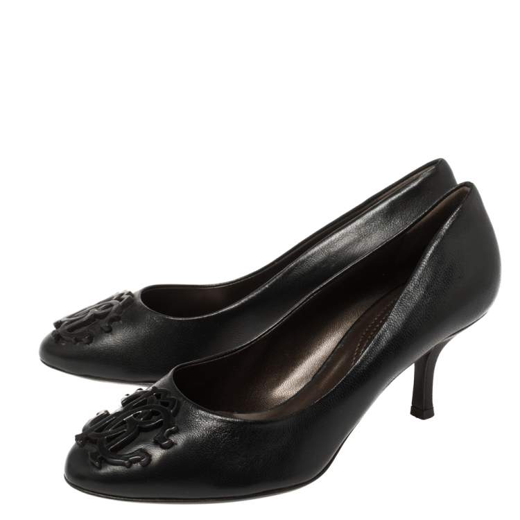 Pre Owned Roberto Cavalli Black Leather Logo Round Toe Pumps Size 37.5
