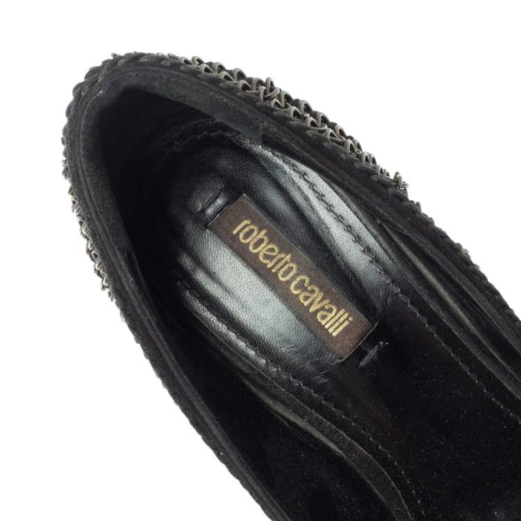 Pre Owned Roberto Cavalli  Black Suede Chain Detail Metal Cap Toe Pumps Size 37