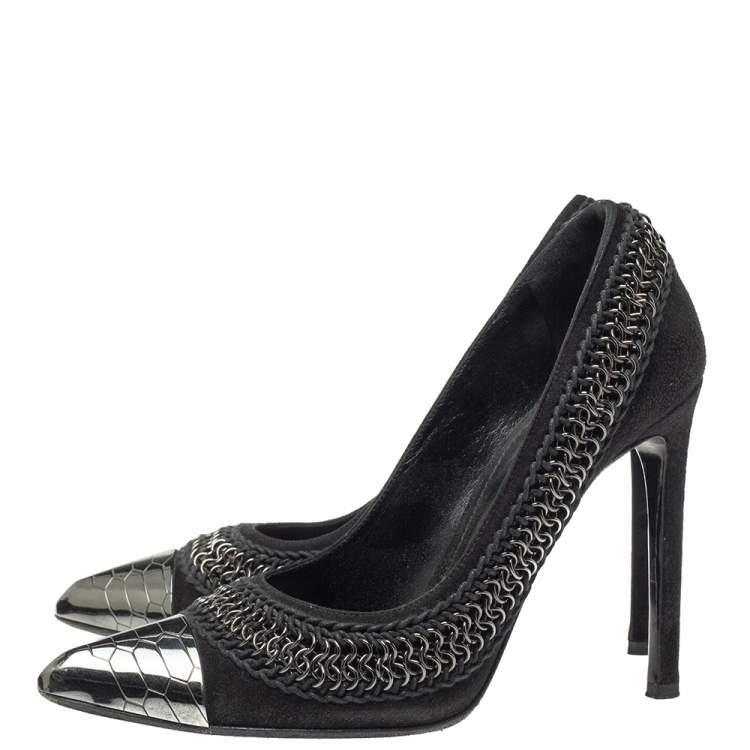 Pre Owned Roberto Cavalli  Black Suede Chain Detail Metal Cap Toe Pumps Size 37