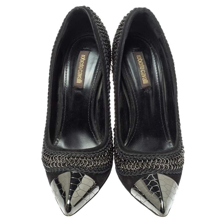 Pre Owned Roberto Cavalli  Black Suede Chain Detail Metal Cap Toe Pumps Size 37