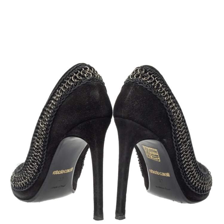 Pre Owned Roberto Cavalli  Black Suede Chain Detail Metal Cap Toe Pumps Size 37