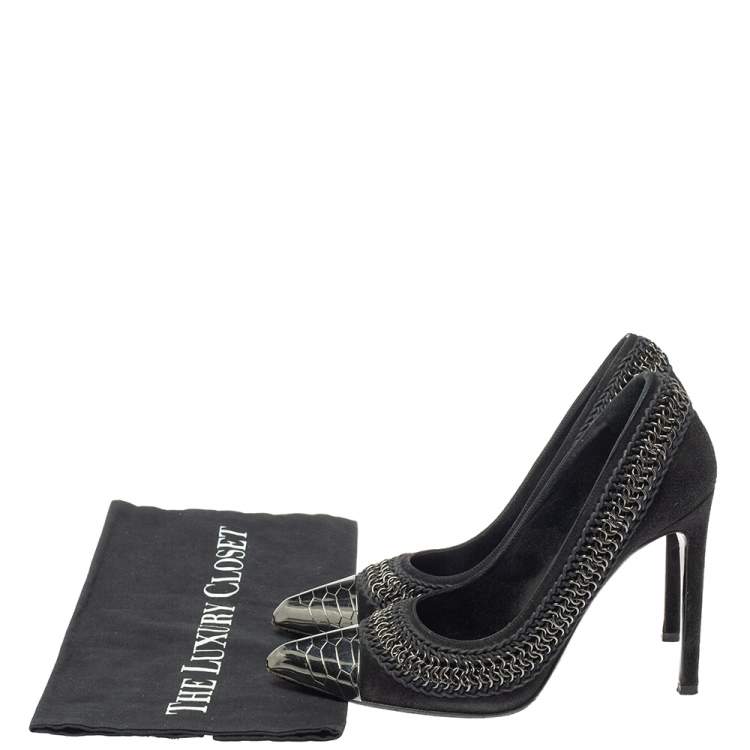 Pre Owned Roberto Cavalli  Black Suede Chain Detail Metal Cap Toe Pumps Size 37