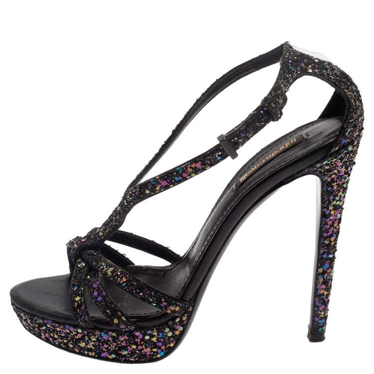 Pre Owned Roberto Cavalli Multicolor Glitter T-Strap Platform Sandals Size 37