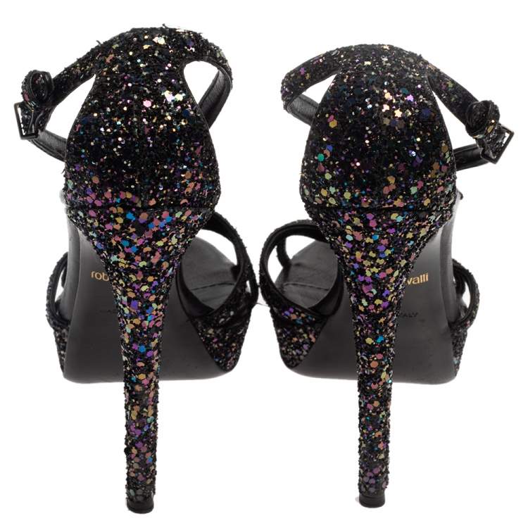 Pre Owned Roberto Cavalli Multicolor Glitter T-Strap Platform Sandals Size 37