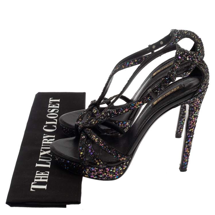 Pre Owned Roberto Cavalli Multicolor Glitter T-Strap Platform Sandals Size 37