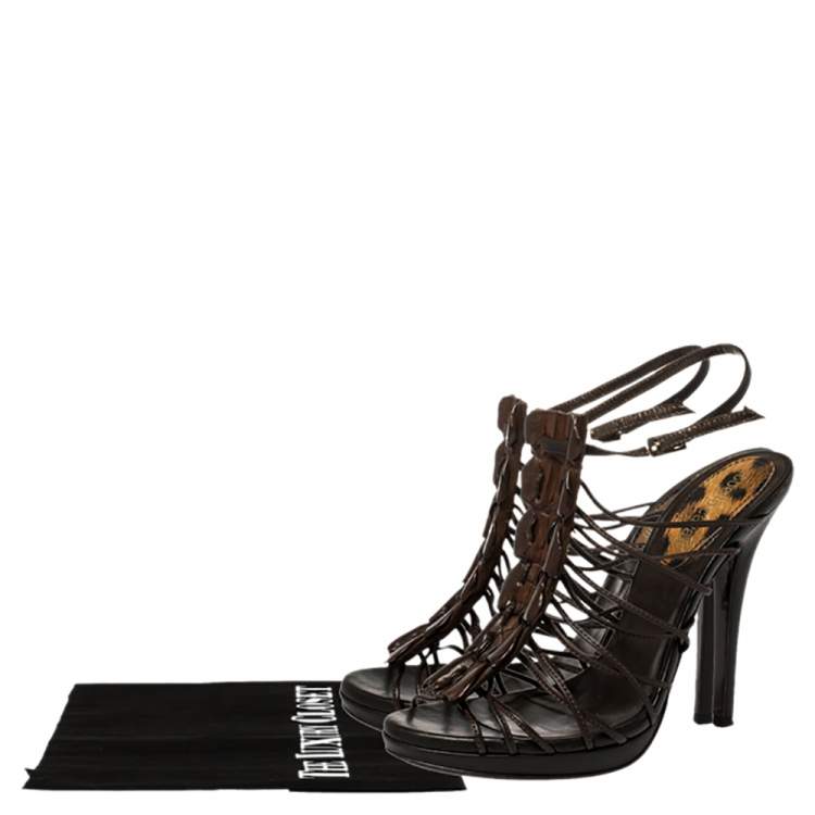 Pre Owned Roberto Cavalli Brown Leather Strappy Peep Toe Sandals Size 37.5