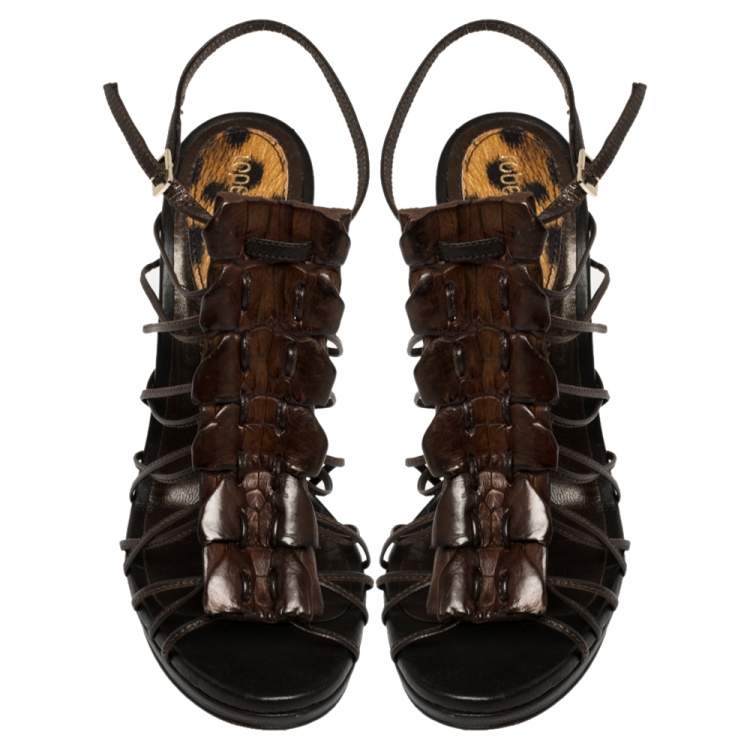 Pre Owned Roberto Cavalli Brown Leather Strappy Peep Toe Sandals Size 37.5