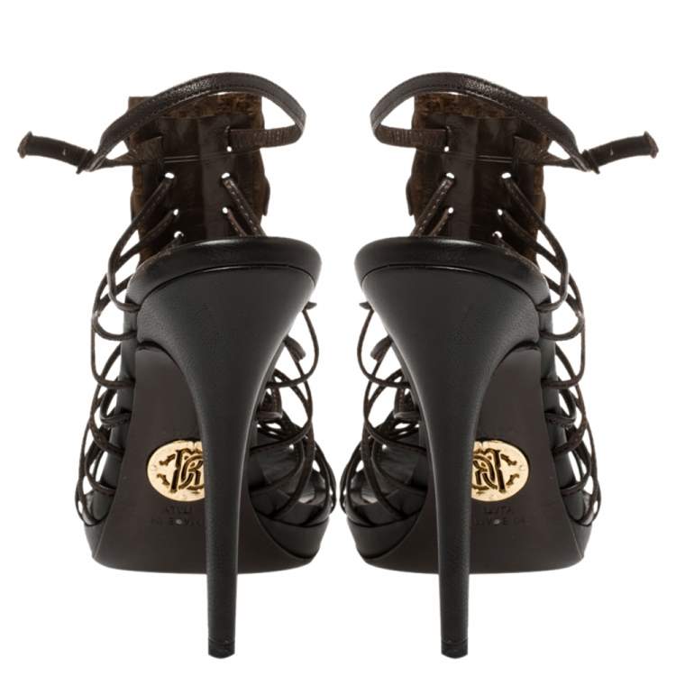 Pre Owned Roberto Cavalli Brown Leather Strappy Peep Toe Sandals Size 37.5