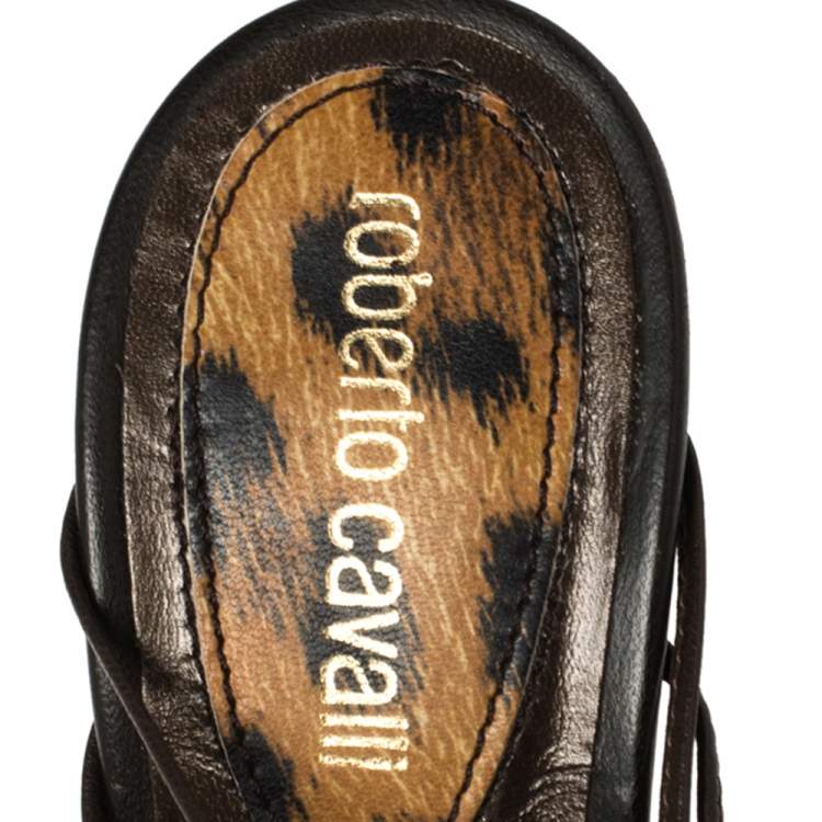 Pre Owned Roberto Cavalli Brown Leather Strappy Peep Toe Sandals Size 37.5