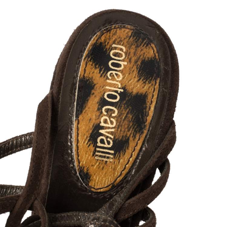 مملوكة مسبقًا Roberto Cavalli Brown Suede And Python Wedge Strappy Wedge Sandals Size 38.5
