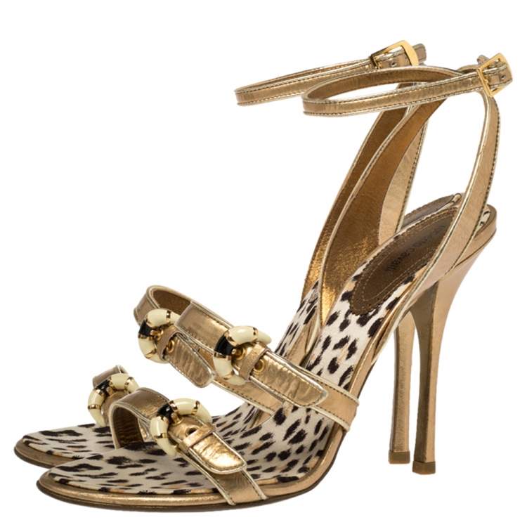 Pre Owned Roberto Cavalli Gold Patent Leather Buckle Detail Ankle Wrap Sandals Size 39