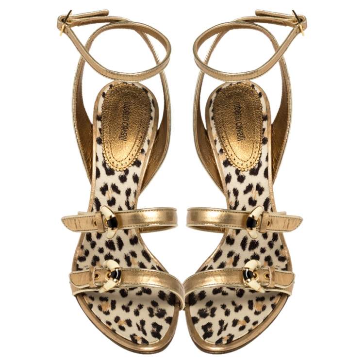 Pre Owned Roberto Cavalli Gold Patent Leather Buckle Detail Ankle Wrap Sandals Size 39