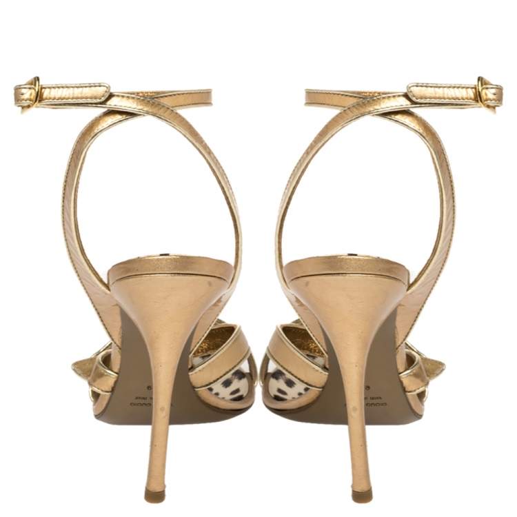 Pre Owned Roberto Cavalli Gold Patent Leather Buckle Detail Ankle Wrap Sandals Size 39