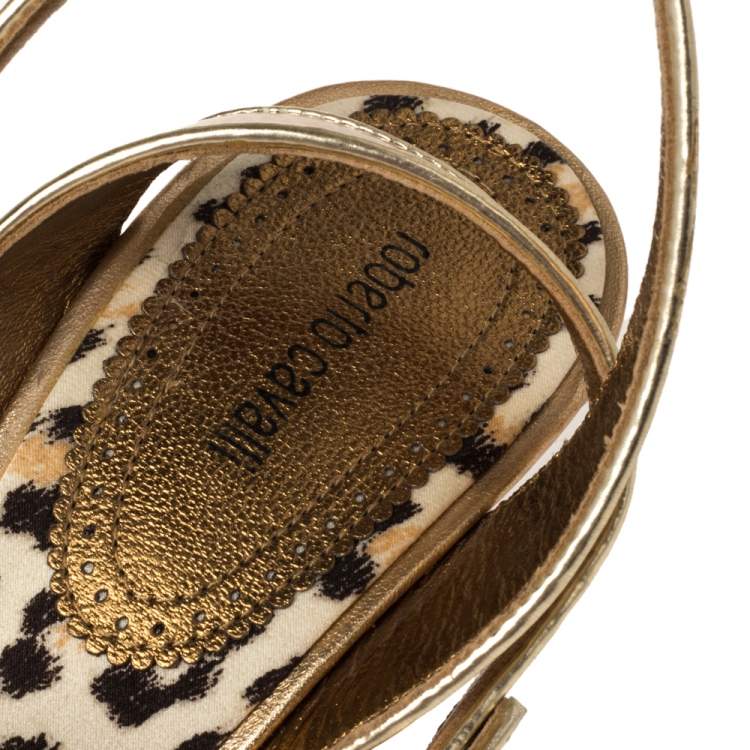 Pre Owned Roberto Cavalli Gold Patent Leather Buckle Detail Ankle Wrap Sandals Size 39