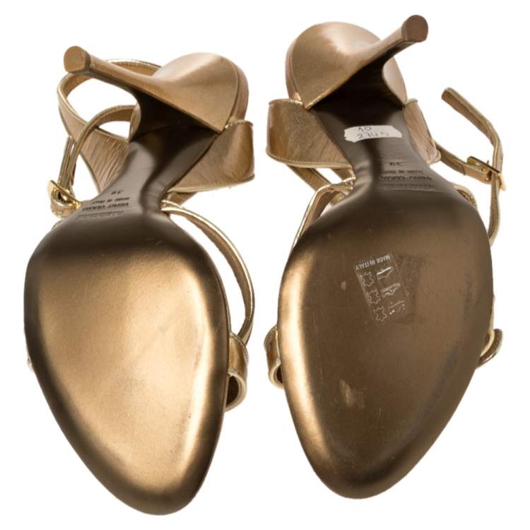 Pre Owned Roberto Cavalli Gold Patent Leather Buckle Detail Ankle Wrap Sandals Size 39