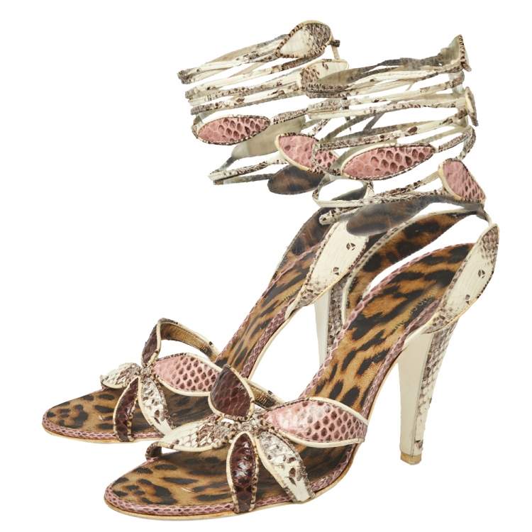 Pre Owned Roberto Cavalli Multicolor Python Leather Ankle Wrap Slingback Sandals Size 39