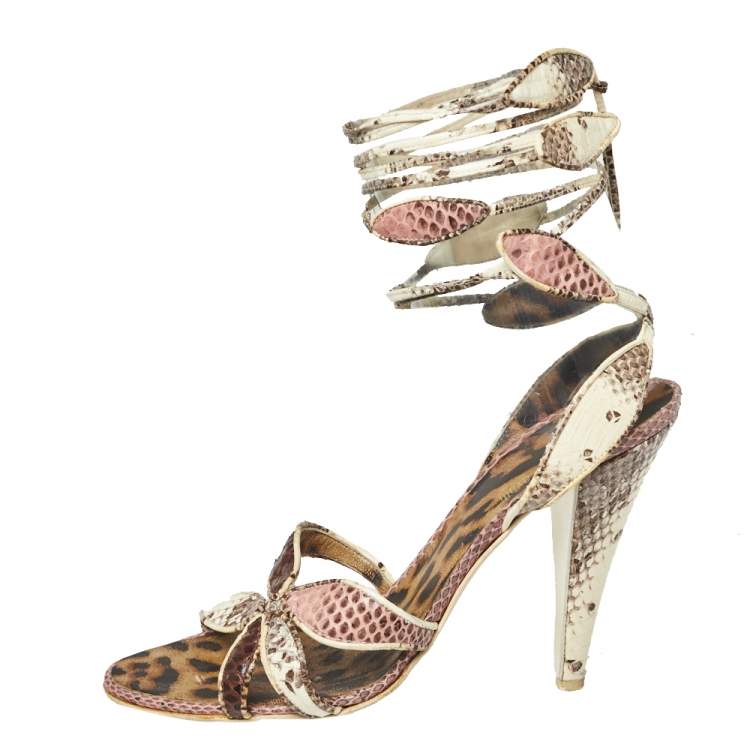 Pre Owned Roberto Cavalli Multicolor Python Leather Ankle Wrap Slingback Sandals Size 39