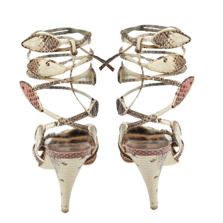 Pre Owned Roberto Cavalli Multicolor Python Leather Ankle Wrap Slingback Sandals Size 39