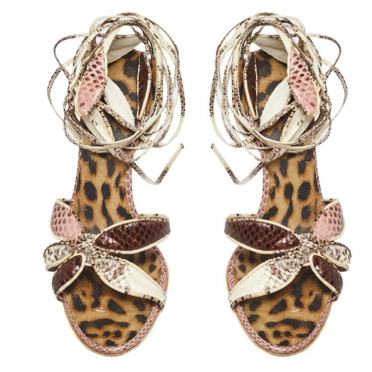 Pre Owned Roberto Cavalli Multicolor Python Leather Ankle Wrap Slingback Sandals Size 39