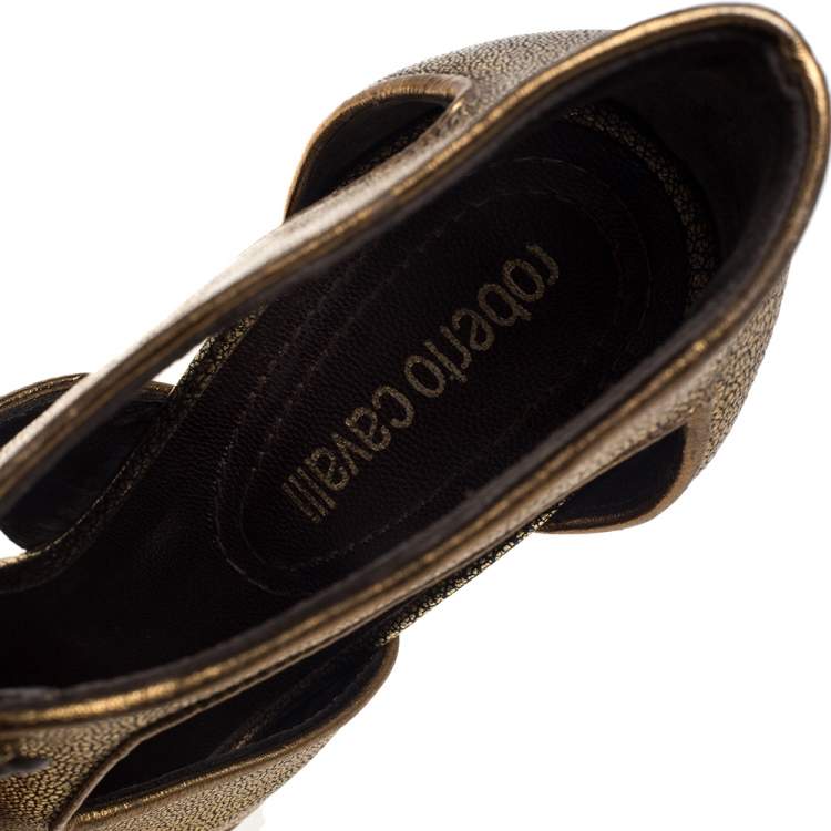 Pre Owned Roberto Cavalli Metallic Bronze Leather Lace Up Ankle Booties Size 39