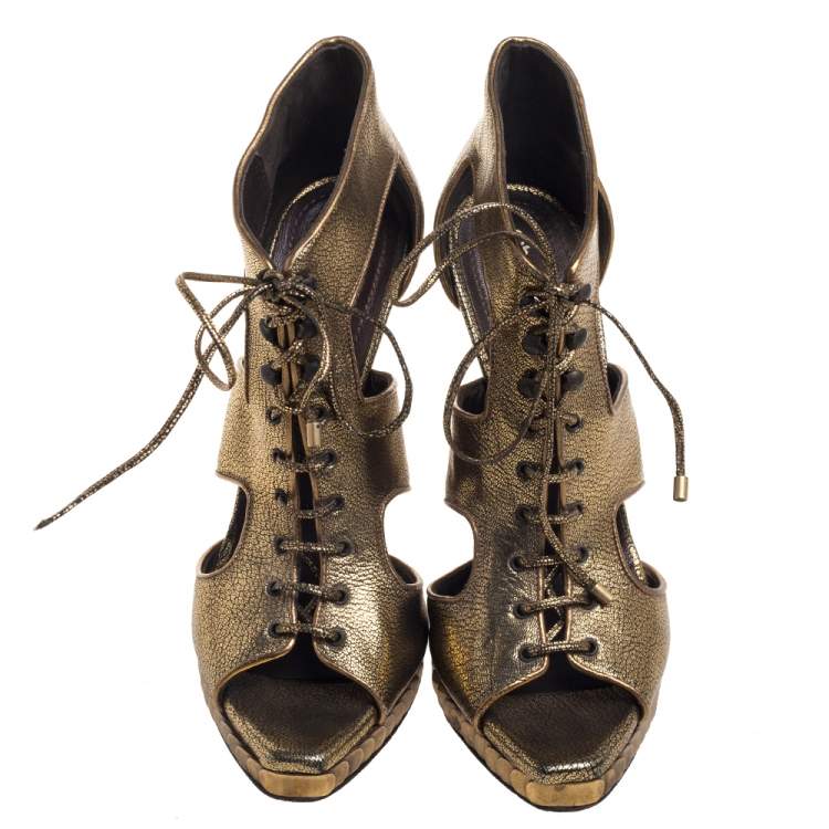 Pre Owned Roberto Cavalli Metallic Bronze Leather Lace Up Ankle Booties Size 39