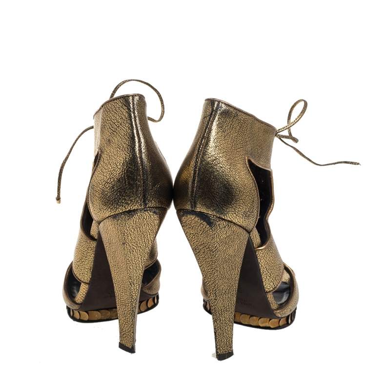 Pre Owned Roberto Cavalli Metallic Bronze Leather Lace Up Ankle Booties Size 39