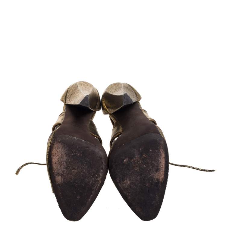 Pre Owned Roberto Cavalli Metallic Bronze Leather Lace Up Ankle Booties Size 39