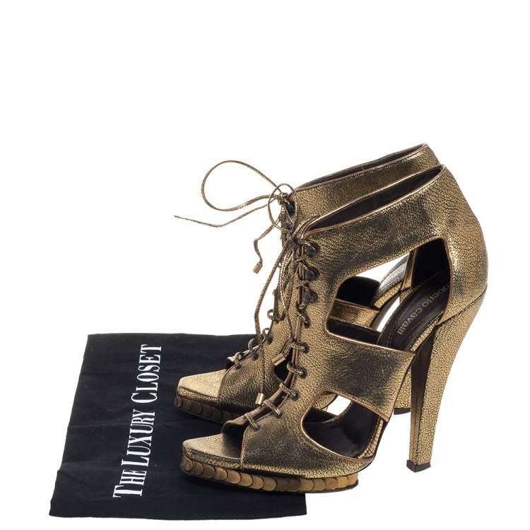 Pre Owned Roberto Cavalli Metallic Bronze Leather Lace Up Ankle Booties Size 39
