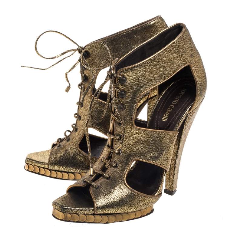 Pre Owned Roberto Cavalli Metallic Bronze Leather Lace Up Ankle Booties Size 39