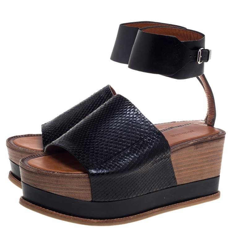 Pre Owned Roberto Cavalli Black Python Leather Platform Ankle Cuff  Sandals Size 37