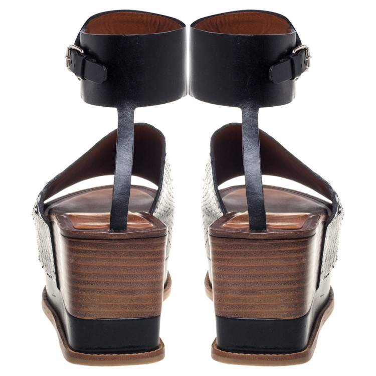 Pre Owned Roberto Cavalli Black Python Leather Platform Ankle Cuff  Sandals Size 37