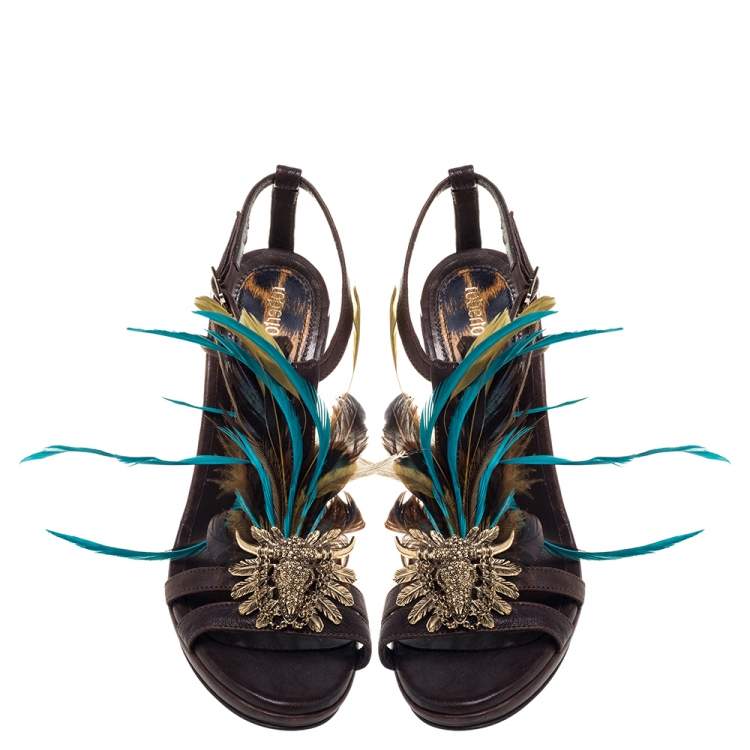 Pre Owned Roberto Cavalli Brown Leather Feather Detail Sandals Size 38