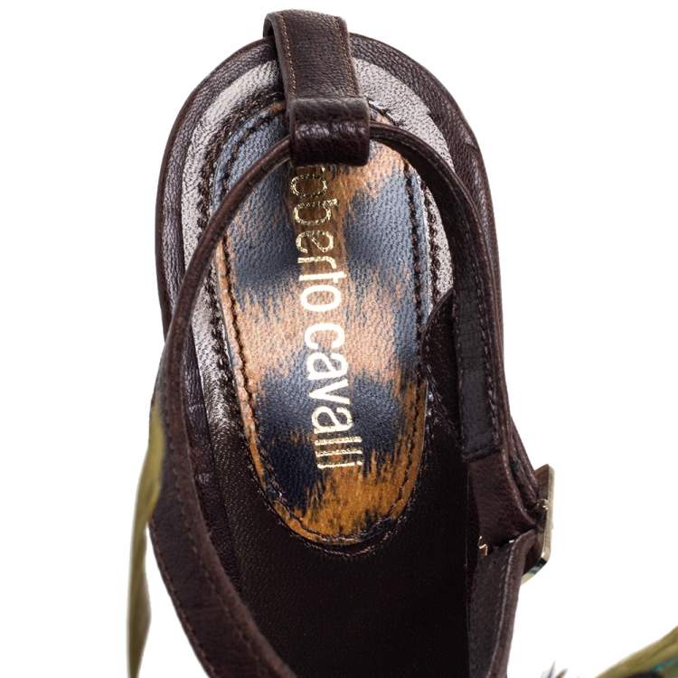 Pre Owned Roberto Cavalli Brown Leather Feather Detail Sandals Size 38