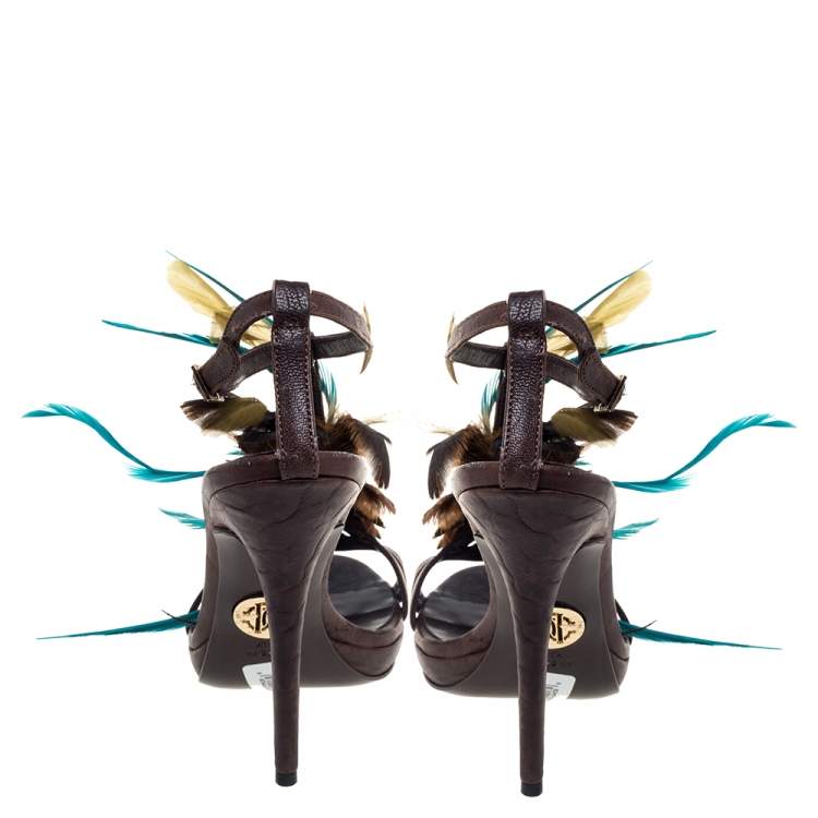 Pre Owned Roberto Cavalli Brown Leather Feather Detail Sandals Size 38