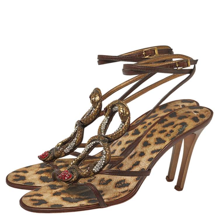 Pre Owned Roberto Cavalli Brown Leather Snake Embellishment Sandals Size 40
