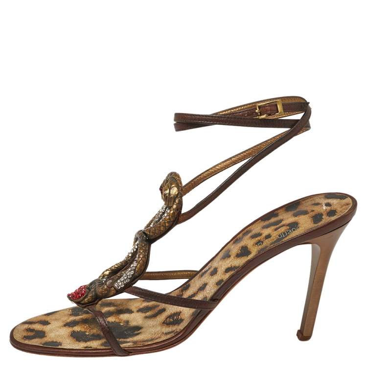 Pre Owned Roberto Cavalli Brown Leather Snake Embellishment Sandals Size 40