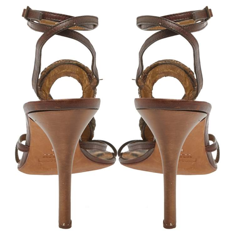 Pre Owned Roberto Cavalli Brown Leather Snake Embellishment Sandals Size 40