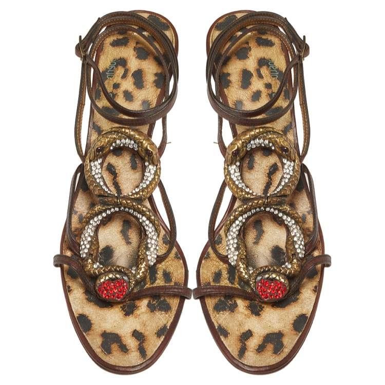 Pre Owned Roberto Cavalli Brown Leather Snake Embellishment Sandals Size 40
