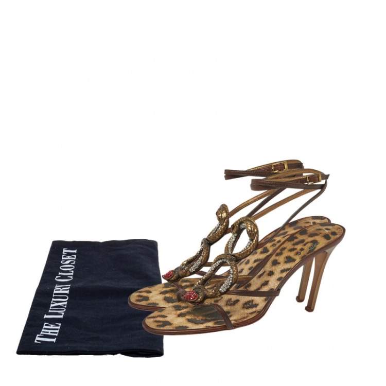 Pre Owned Roberto Cavalli Brown Leather Snake Embellishment Sandals Size 40