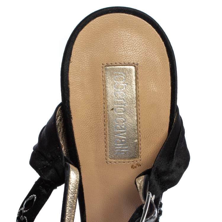 Pre Owned Roberto Cavalli Black Satin Embellished Slingback Sandals Size 37.5