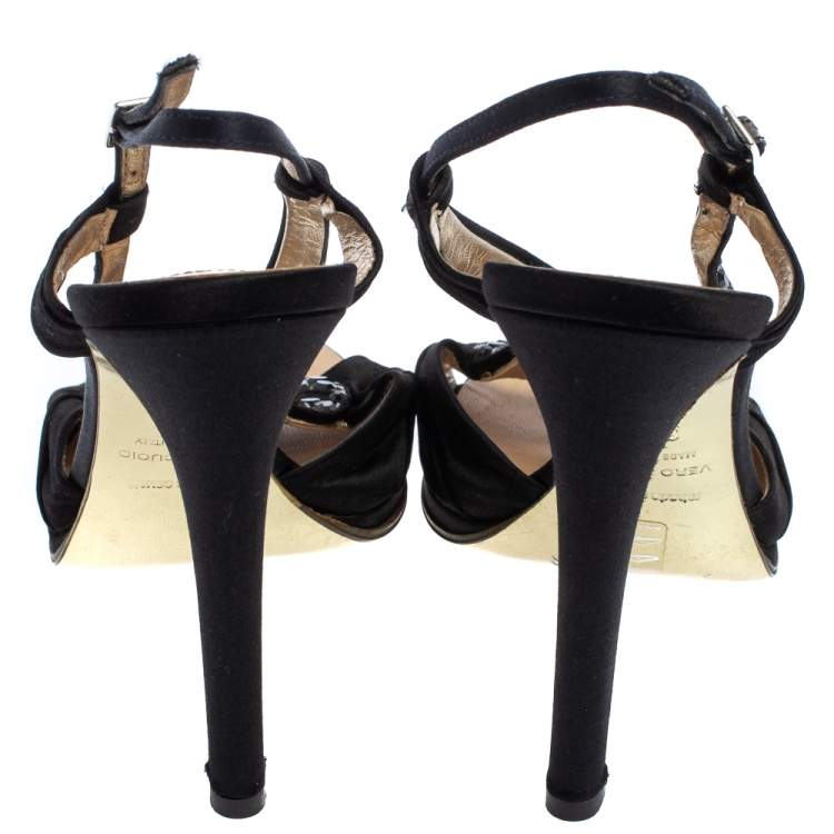 Pre Owned Roberto Cavalli Black Satin Embellished Slingback Sandals Size 37.5
